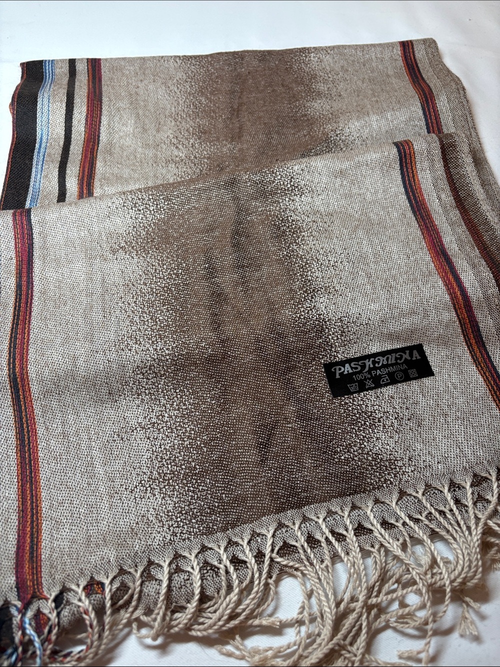 Unbranded Tan Striped Pashmina Shawl 26 x 64”